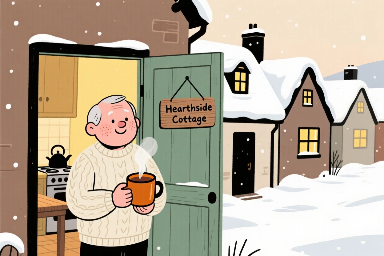 Snow blankets a row of cottage rooftops while a elderly man watches from a warm kitchen doorway, a mug of hot cocoa warming their hands.