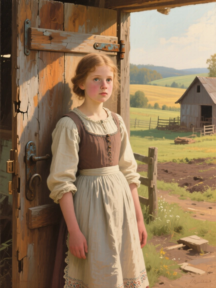 A centered composition of a farm girl beside a rustic wooden door, full of curious wonder, at midday.