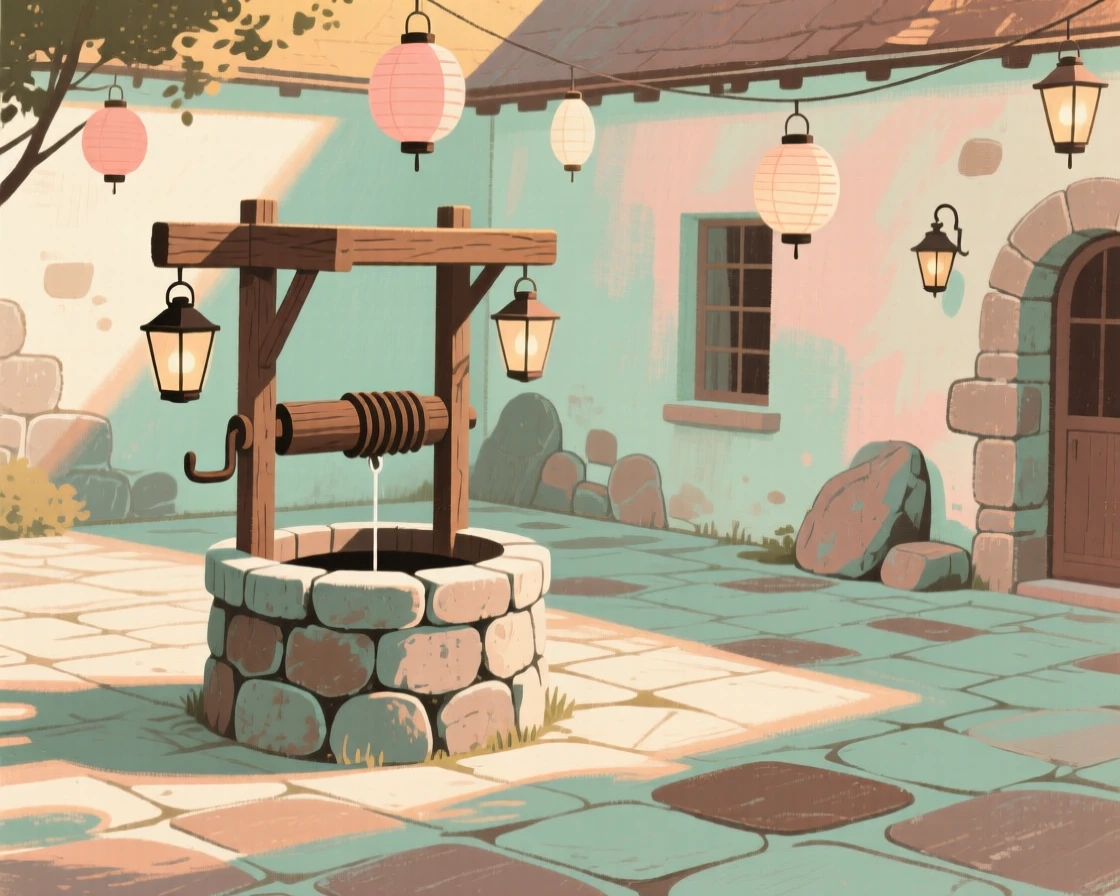 A stone farmhouse courtyard with an old well and hanging lanterns