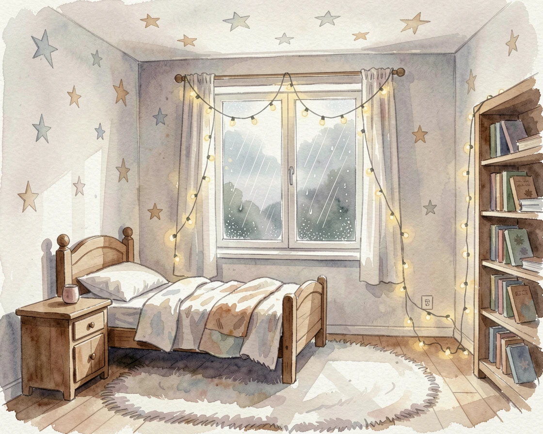 A child's bedroom decorated with stars and fairy lights with rain visible through the window.