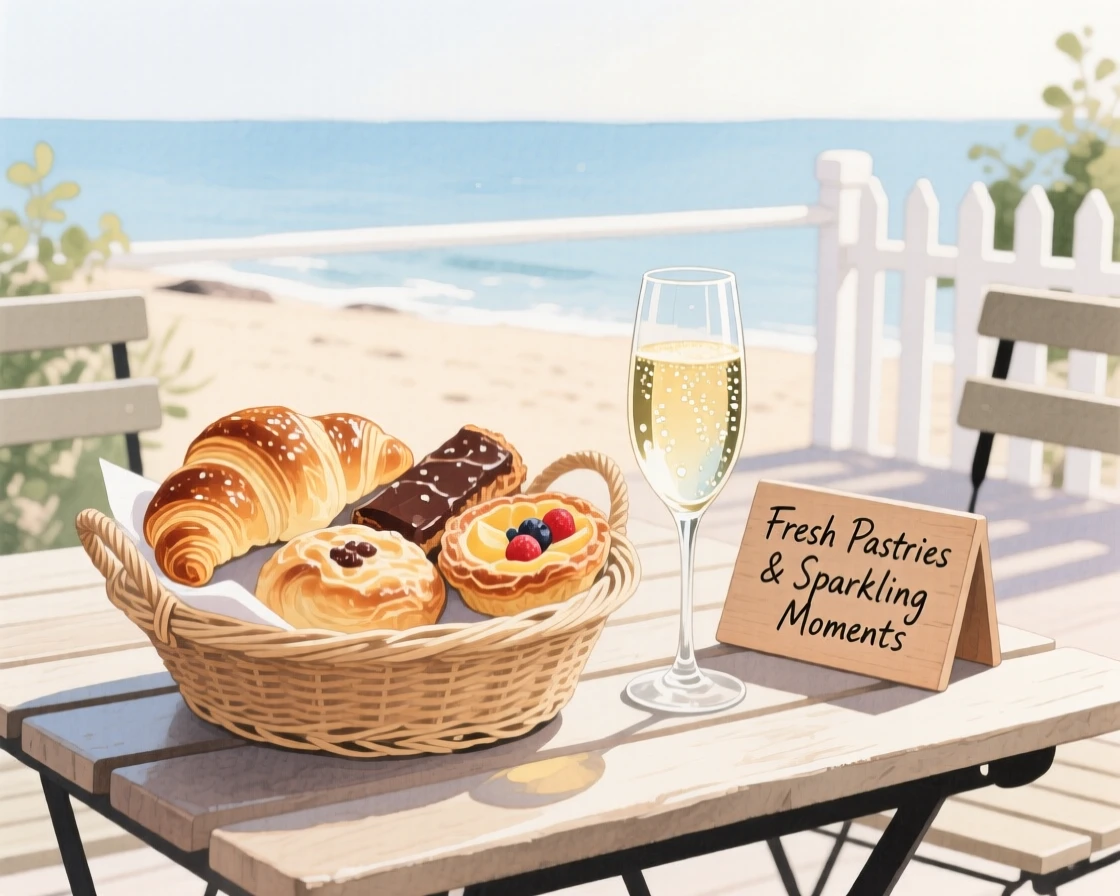 A basket of pastries sits beside a glass of sparkling wine at a seaside restaurant patio, arranged beautifully for a delightful meal