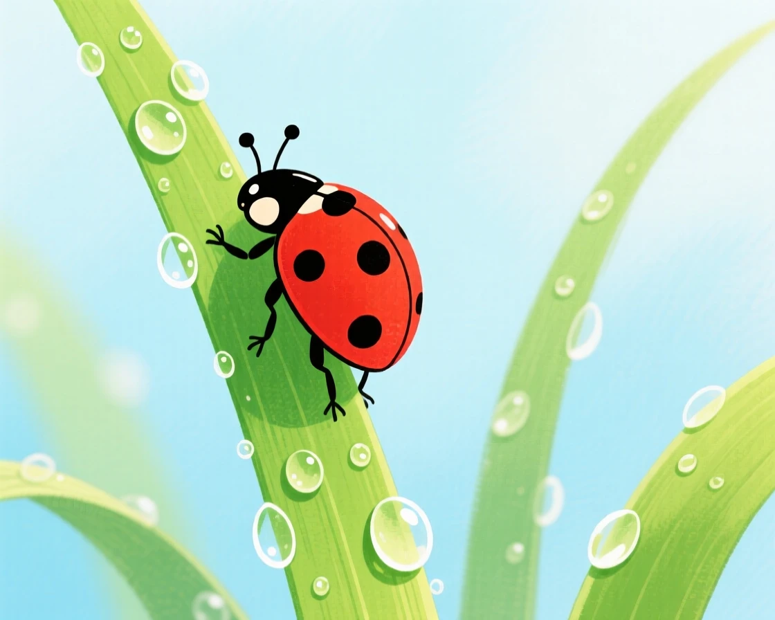 An exciting view of a ladybug climbing a dew-covered blade of grass.