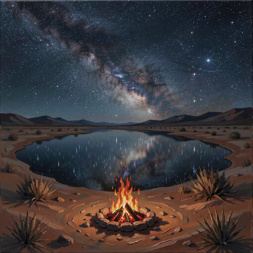 In the deep, clear dark of a moonless night, a sweeping view of the Milky Way over a silent desert, beside a calm lake perfectly mirroring the sky, the last embers of a campfire glowing nearby.