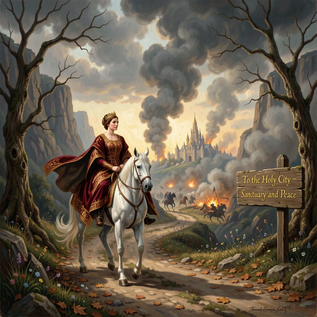 A queen travels along the road to a distant holy city amid the smoke of battle.