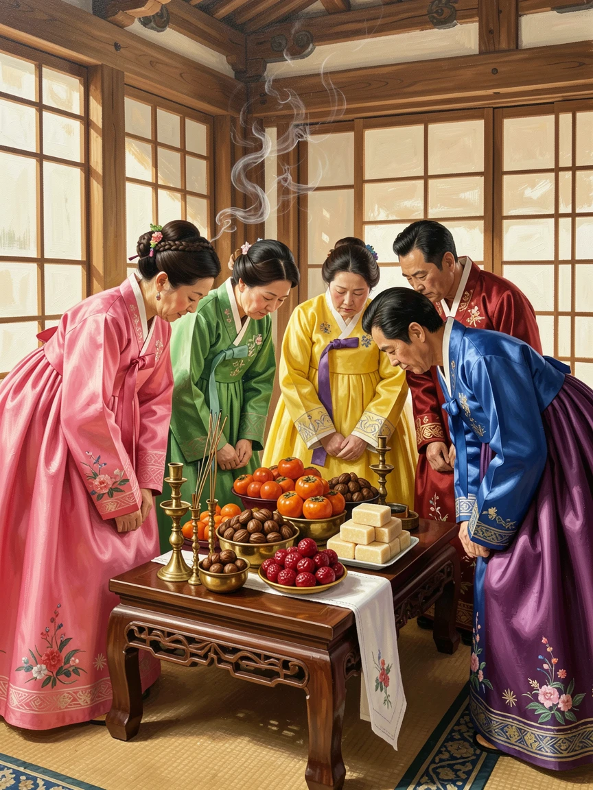 A traditional Korean Chuseok celebration shows a family in colorful hanbok bowing before an ancestral table laden with seasonal harvest foods, small traditional details in costume and decoration rewarding a closer look.