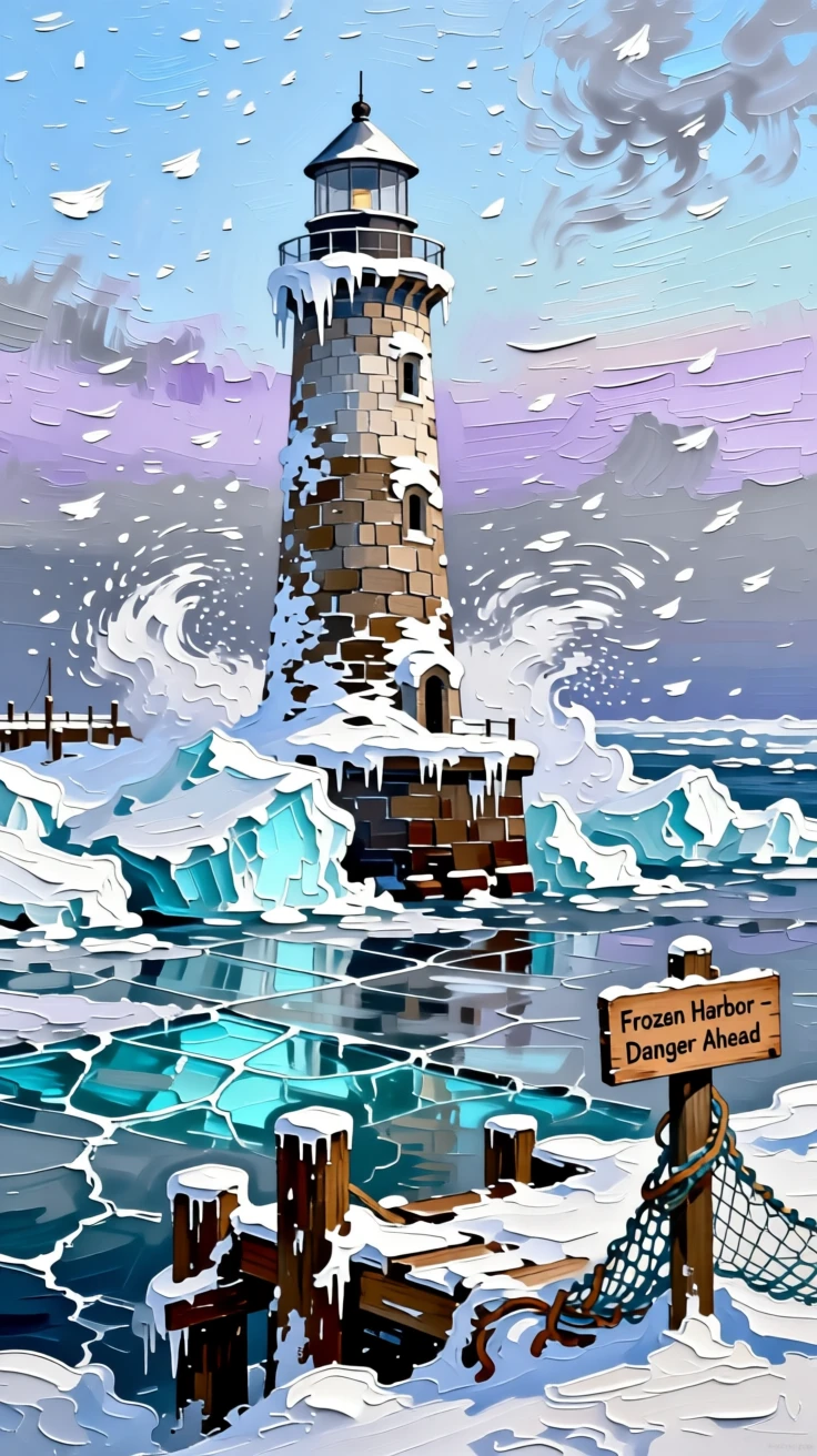 A snow-covered lighthouse standing against a frozen, ice-choked harbor