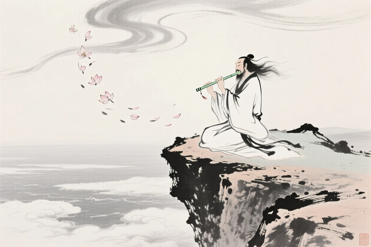 An immortal plays a flute atop a cliff overlooking the clouds below, as petals drift down from an unseen source above.