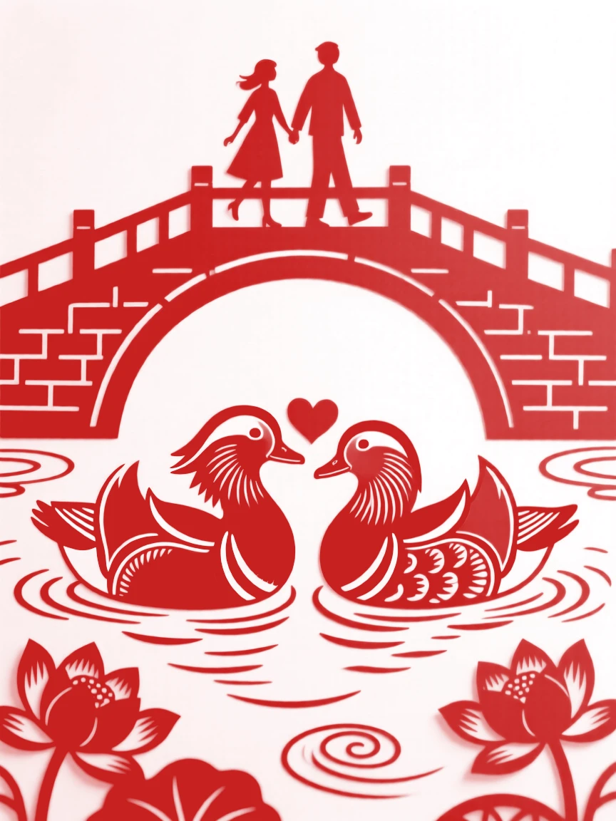 Two mandarin ducks swimming together beneath a bridge as a couple crosses above hand in hand