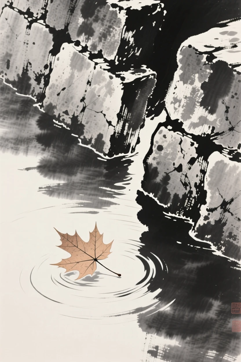 A fallen maple leaf drifting on water growing from a crack in an old stone wall, rendered in close, intimate detail, suggesting patience, resilience, and quiet strength.
