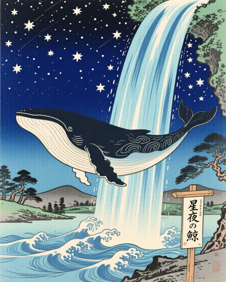 A whale swimming through a starlit night sky, tucked behind a curtain of falling water.