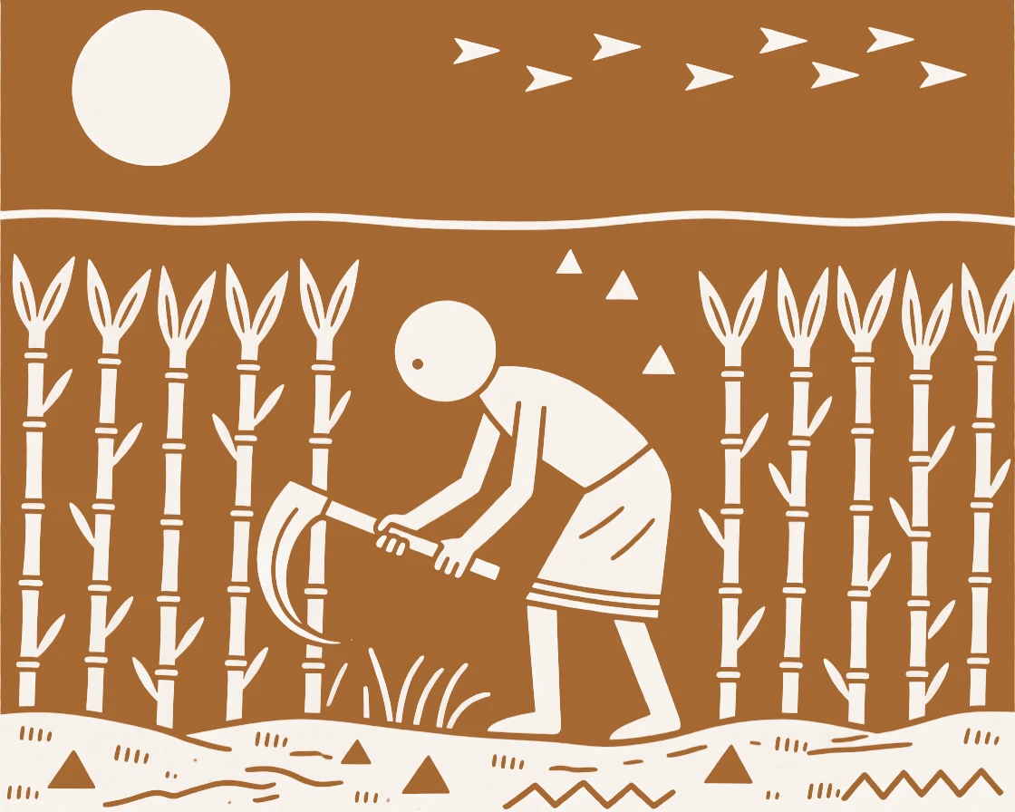 A farmer harvesting sugarcane under a wide open sky.