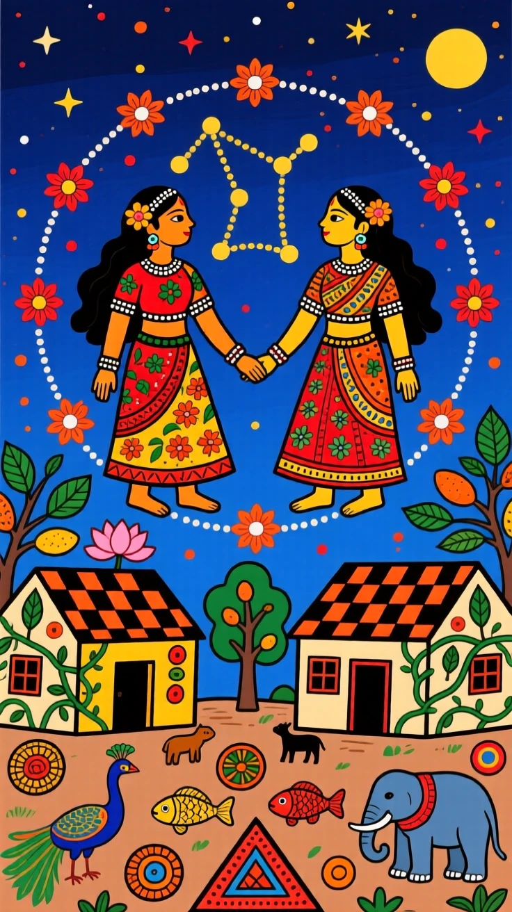 The zodiac constellation of the twins shining over a sleeping village.