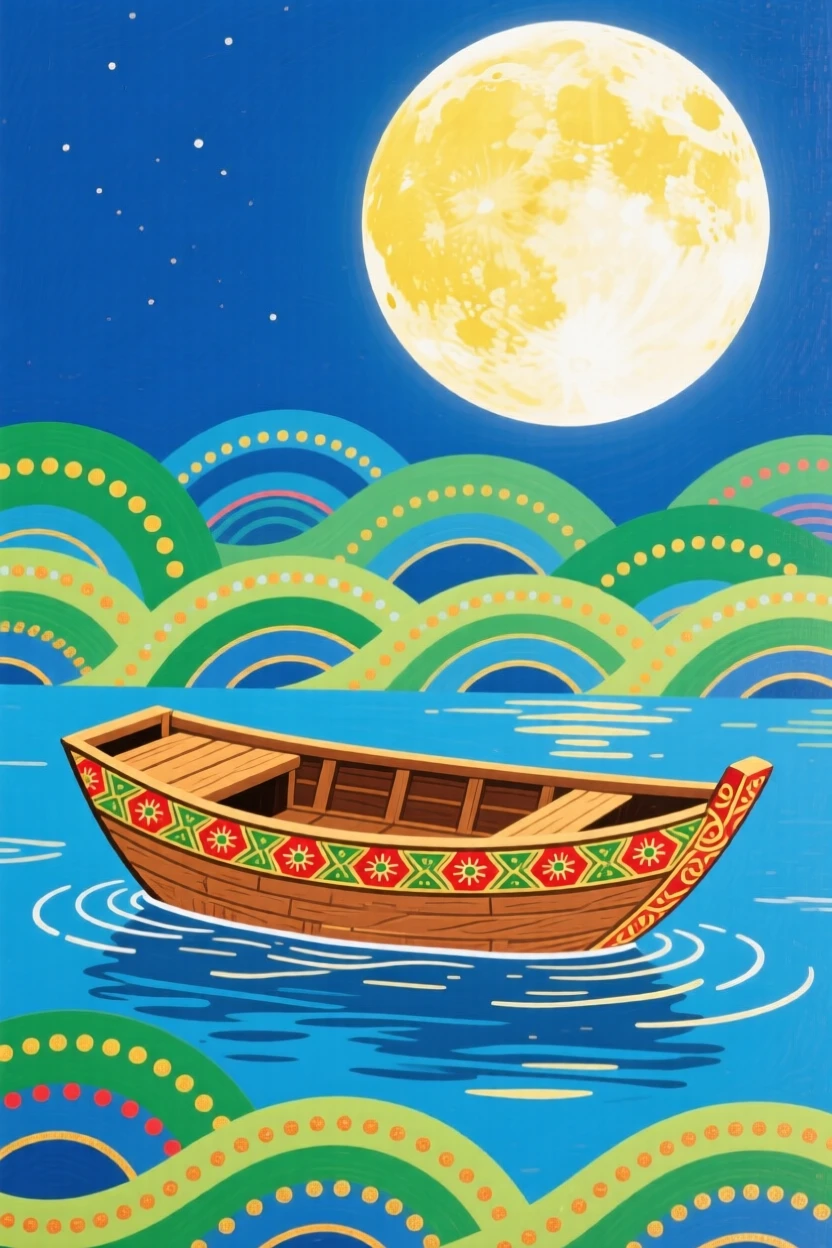 A small wooden boat adrift on calm water, under a brilliant full moon.