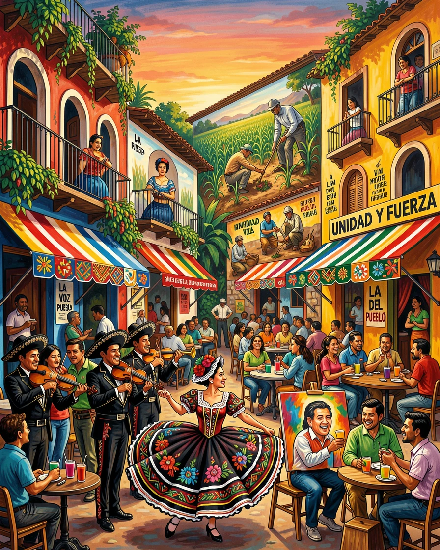 A bustling city square filled with cafes and street performers