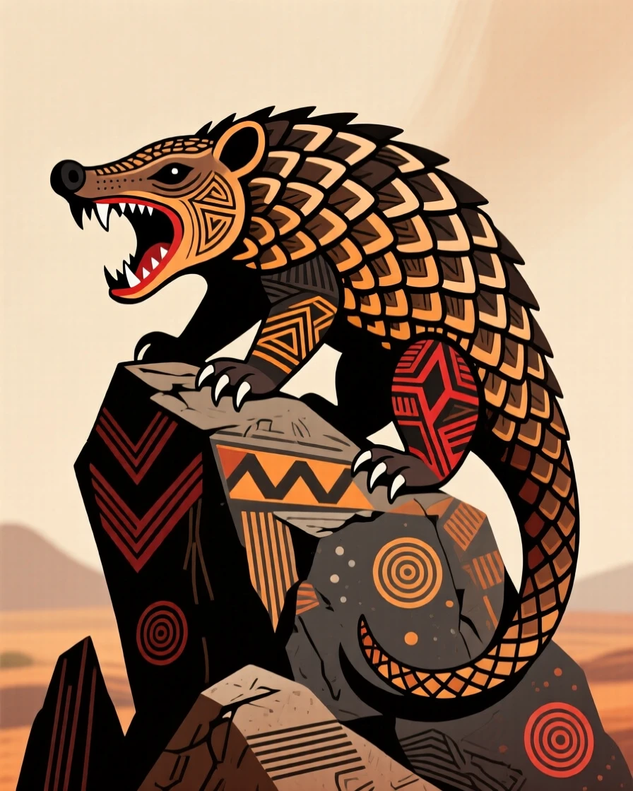 A pangolin roaring atop a rocky outcrop.