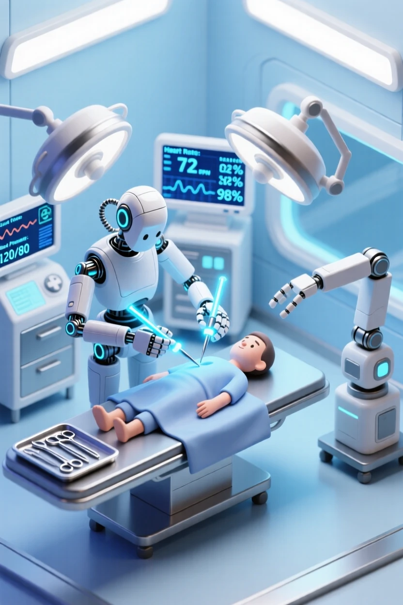 A robotic surgeon performing a delicate operation with precise glowing tools in a sterile futuristic medical bay.