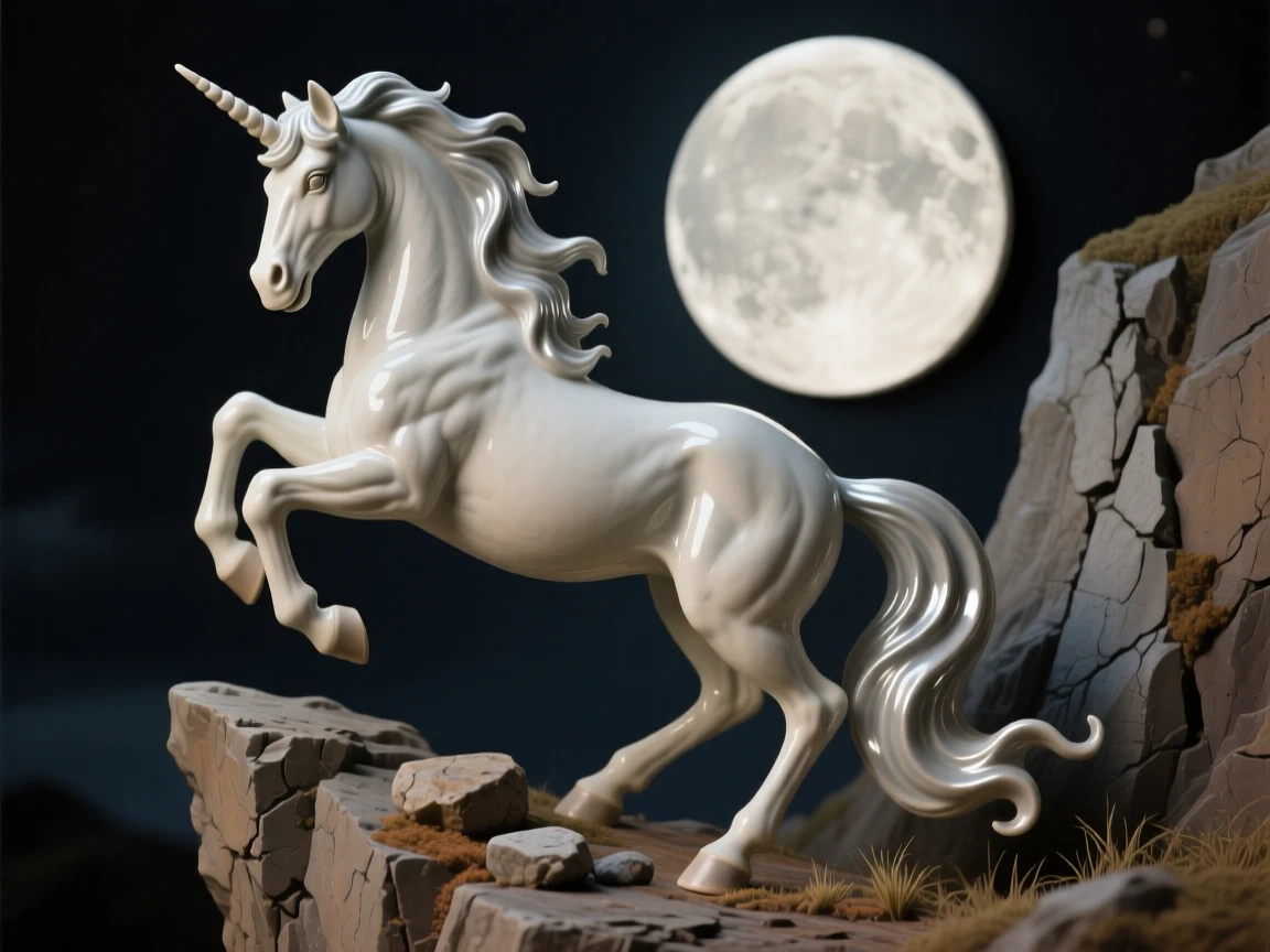 A unicorn rearing beneath moonlight perched watchfully at the edge of a cliff, with a mane that flows like liquid silver, capturing the enchantment of forgotten legend.