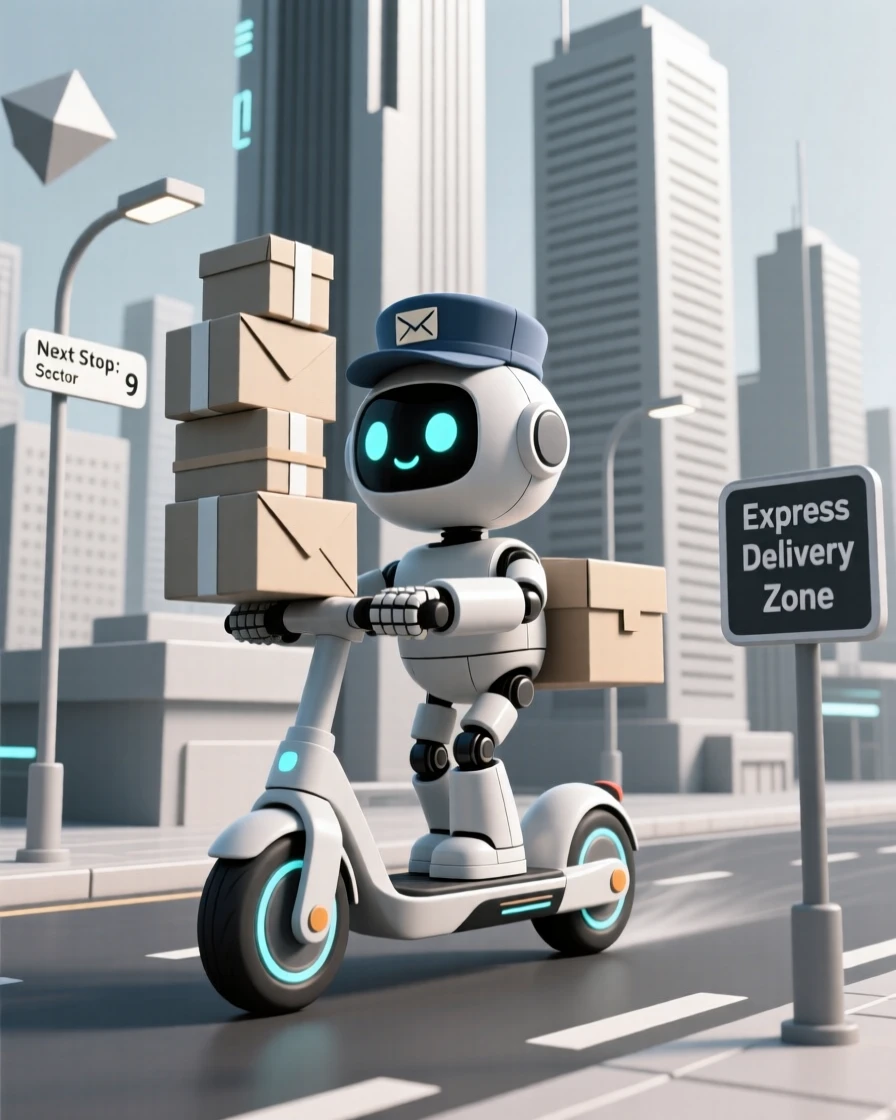 A determined robot postman zips through a futuristic city on a hover scooter, packages stacked precariously high.