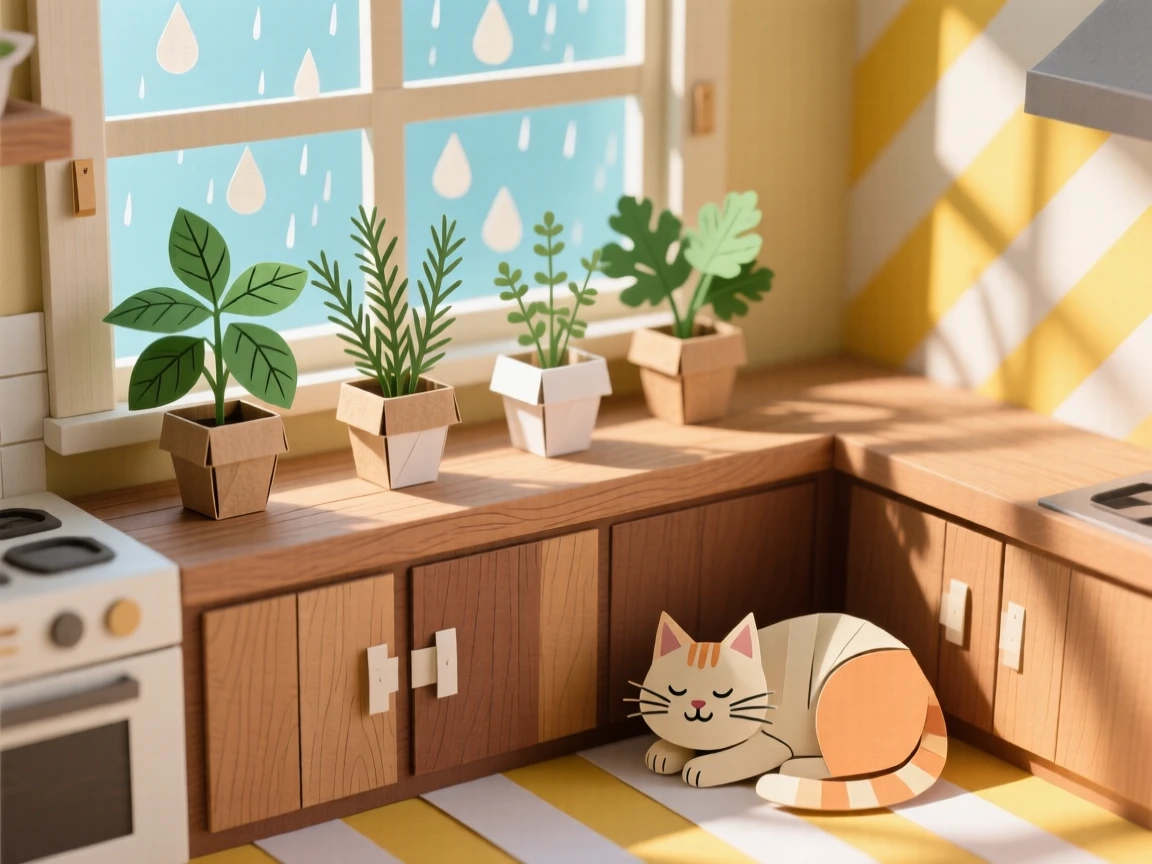A sunlit kitchen with fresh herbs growing framed by gentle falling rain, with a content pet curled up close by, evoking peaceful simplicity and comfort.