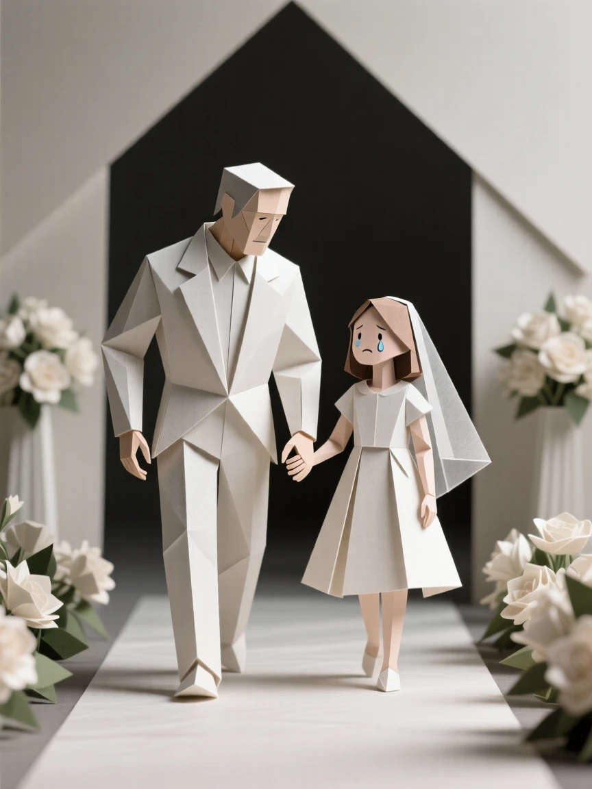 A father walking his daughter down the aisle, both trying to hold back happy tears.