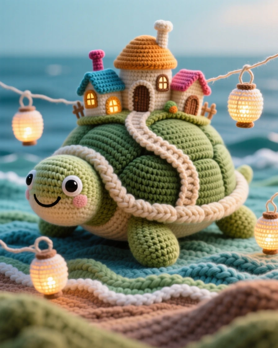 An imaginative scene of a small village built atop a giant turtle's shell with tiny rooftops and winding paths, drifting slowly across a calm sea floating gently above a quiet valley; a cluster of miniature glowing lanterns nearby, full of gentle magical wonder.