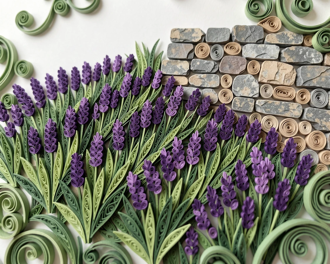 A serene botanical study of a hillside covered in blooming lavender rows beside a weathered stone garden wall, with delicate veining visible on each leaf, framed by soft out-of-focus greenery.