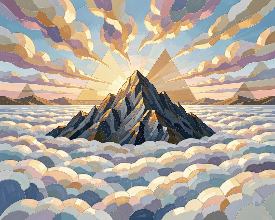 A wide panoramic view of a dramatic mountain summit above a sea of clouds at first light, with dramatic clouds and rich natural color.