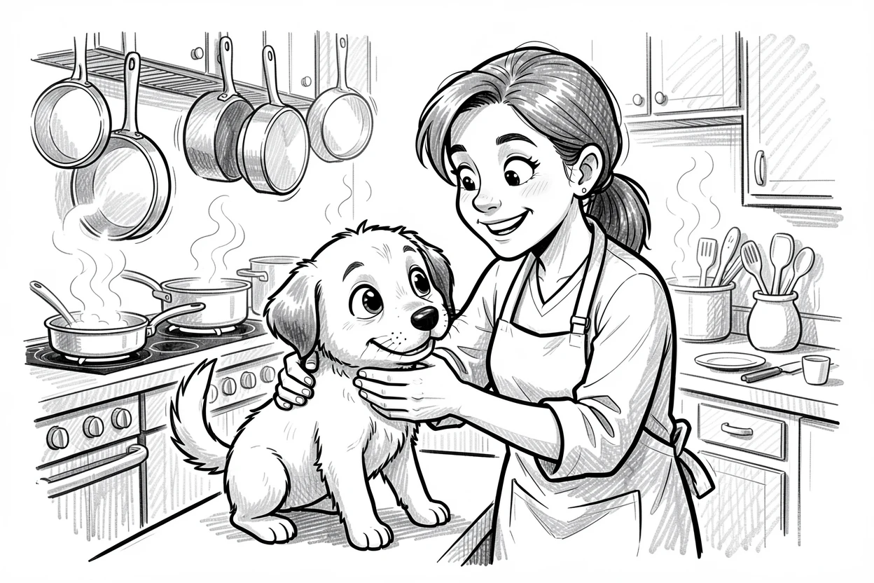 A veterinarian gently examining a puppy in a bustling downtown kitchen.
