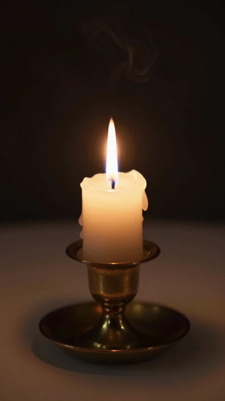 A single candle flame flickering in a dark room
