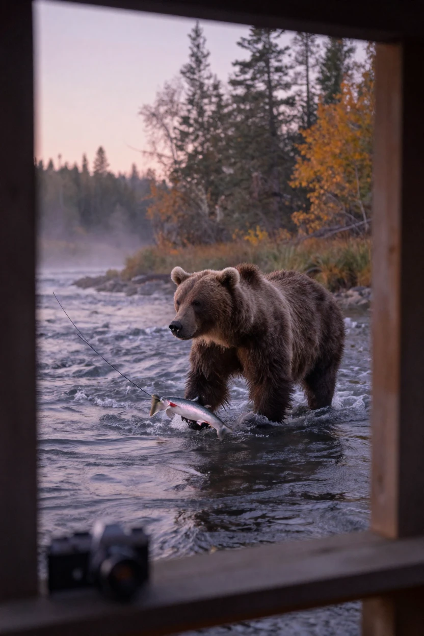 A brown bear fishing for salmon in a rushing river, in the pale light just before sunrise, as mist rises off the ground, in late autumn, in dusty lavender and rose tones, viewed from across the room.