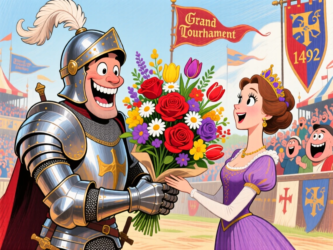 A royal knight presenting a bouquet of flowers to his lady at a grand tournament.
