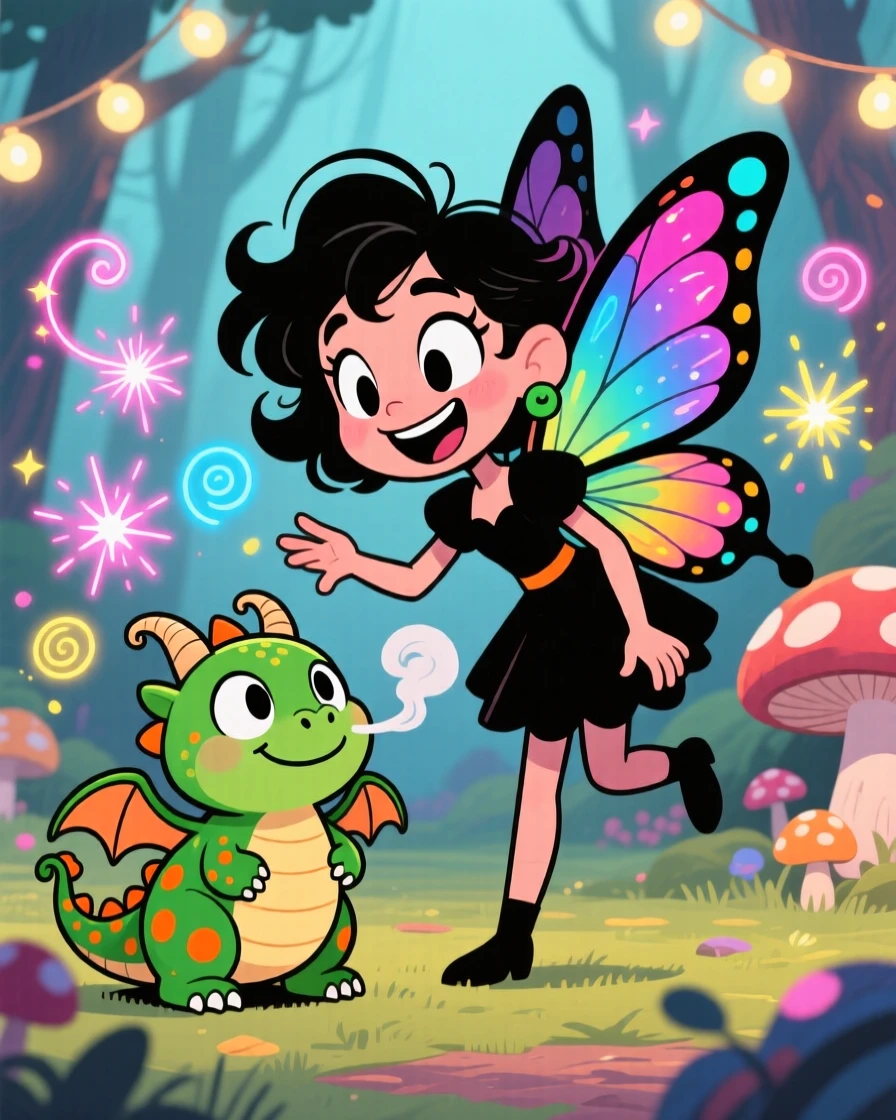 An imaginative fantasy scene of a mischievous fairy befriending an unlikely magical creature, as sparks of magic swirl through the air.