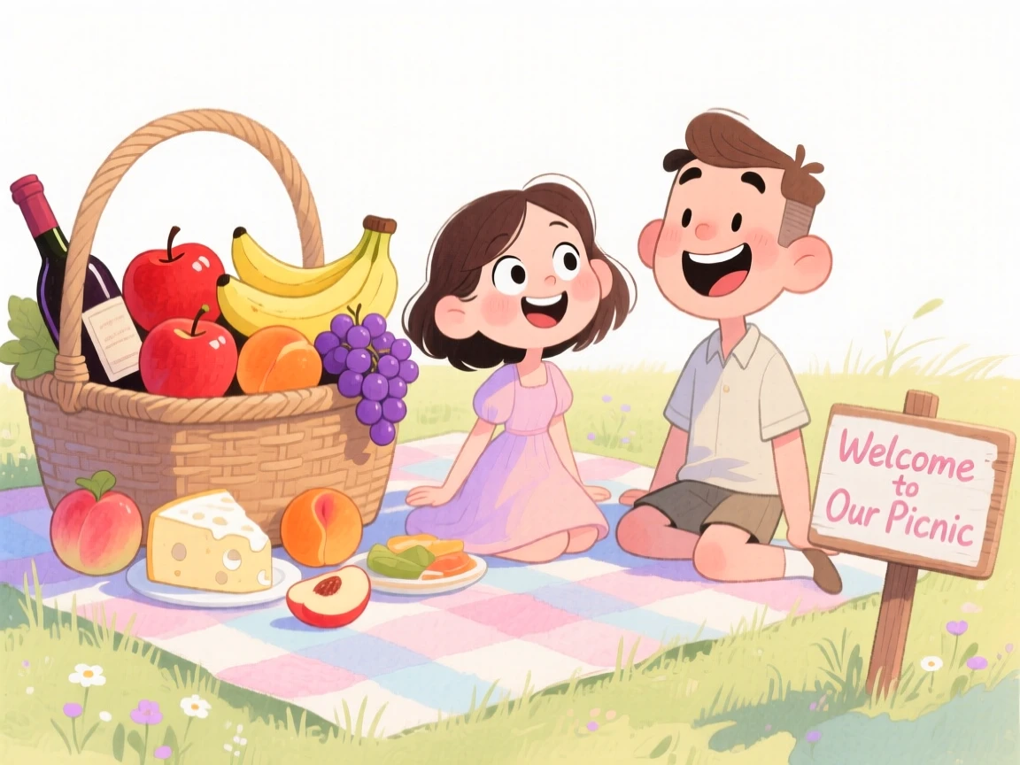 A cozy, appetizing, warm and inviting scene of a picnic basket overflowing with fruit, cheese, and wine in a meadow