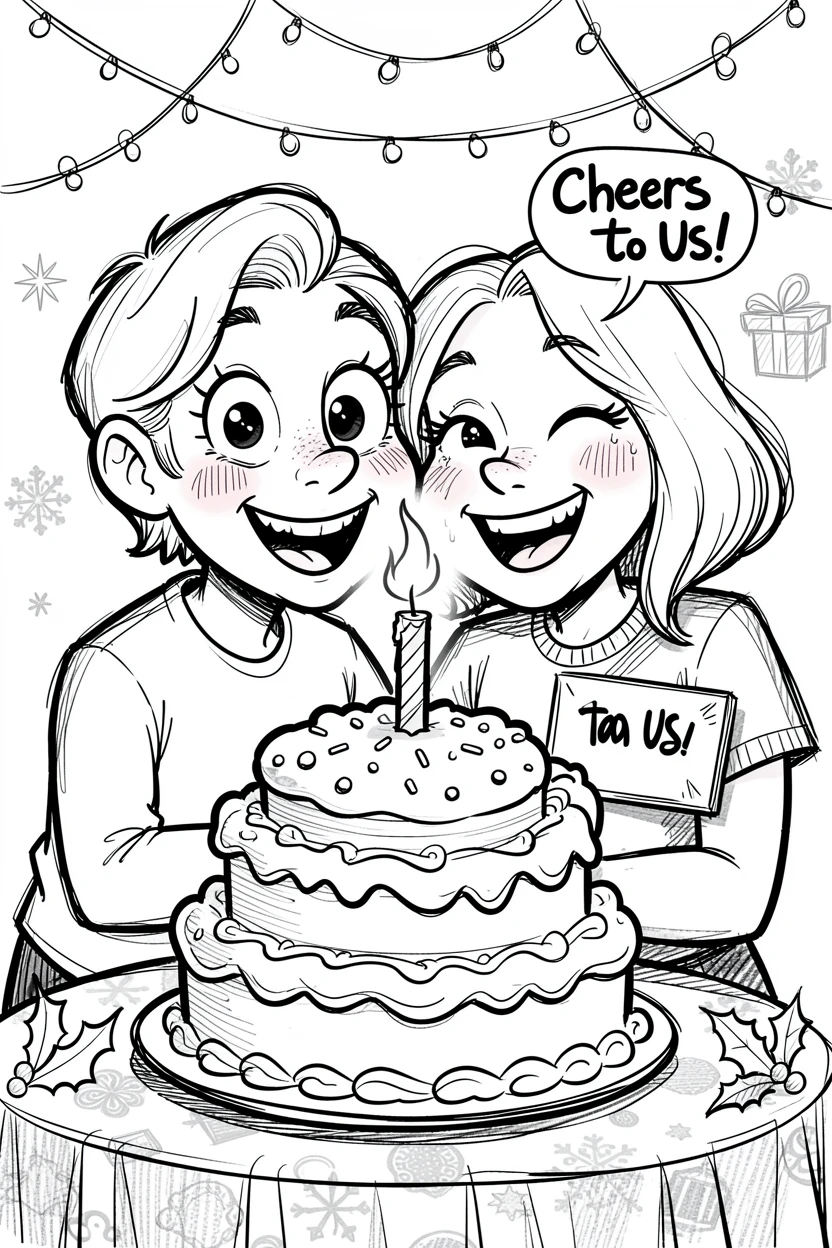 [Seasonal Holidays & Celebrations] Festive scene of a cozy couple sharing a giant celebratory cake, full of celebration and joy