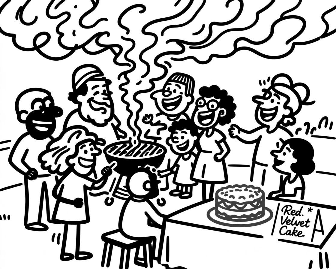 A Juneteenth cookout celebration with family gathered around a grill, red velvet cake on the table.