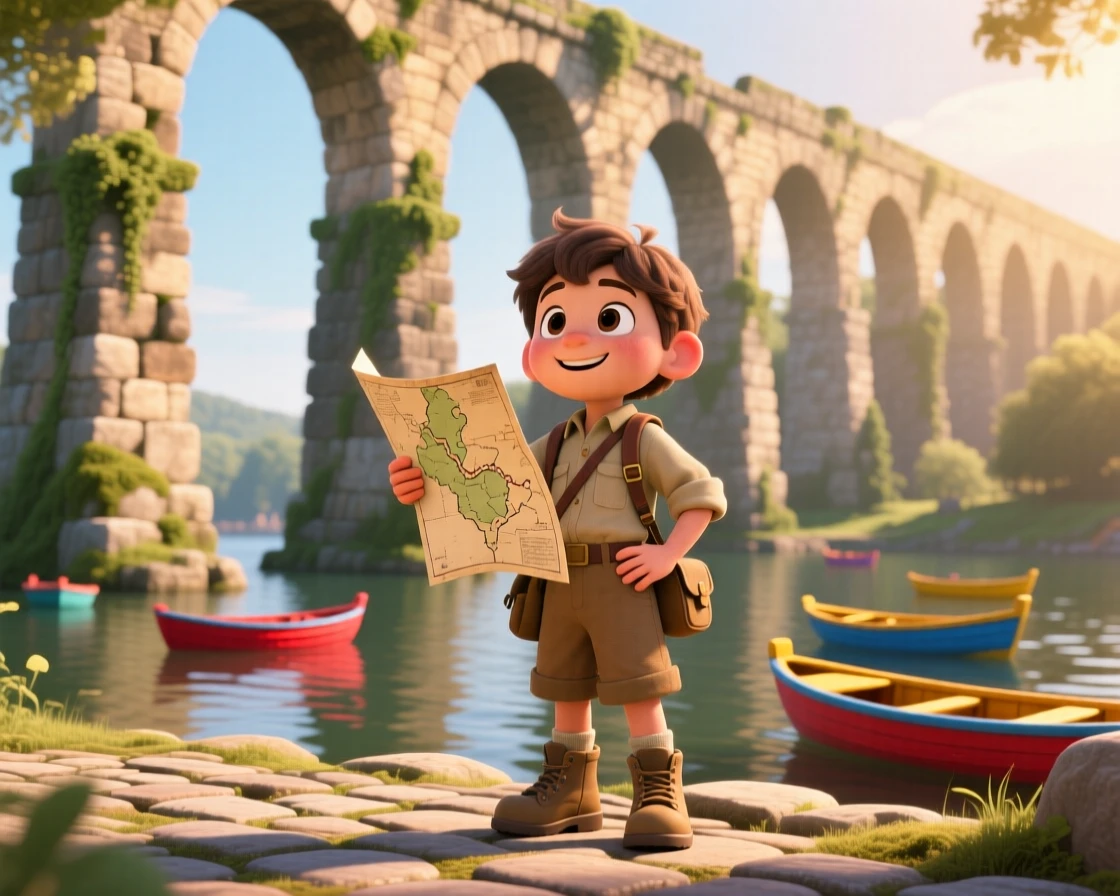 A young explorer with a map in hand stands beneath the arches of an ancient stone aqueduct, sharing a quiet moment together. A quiet excitement for discovery lingers in the air, with small boats bobbing in the distance.
