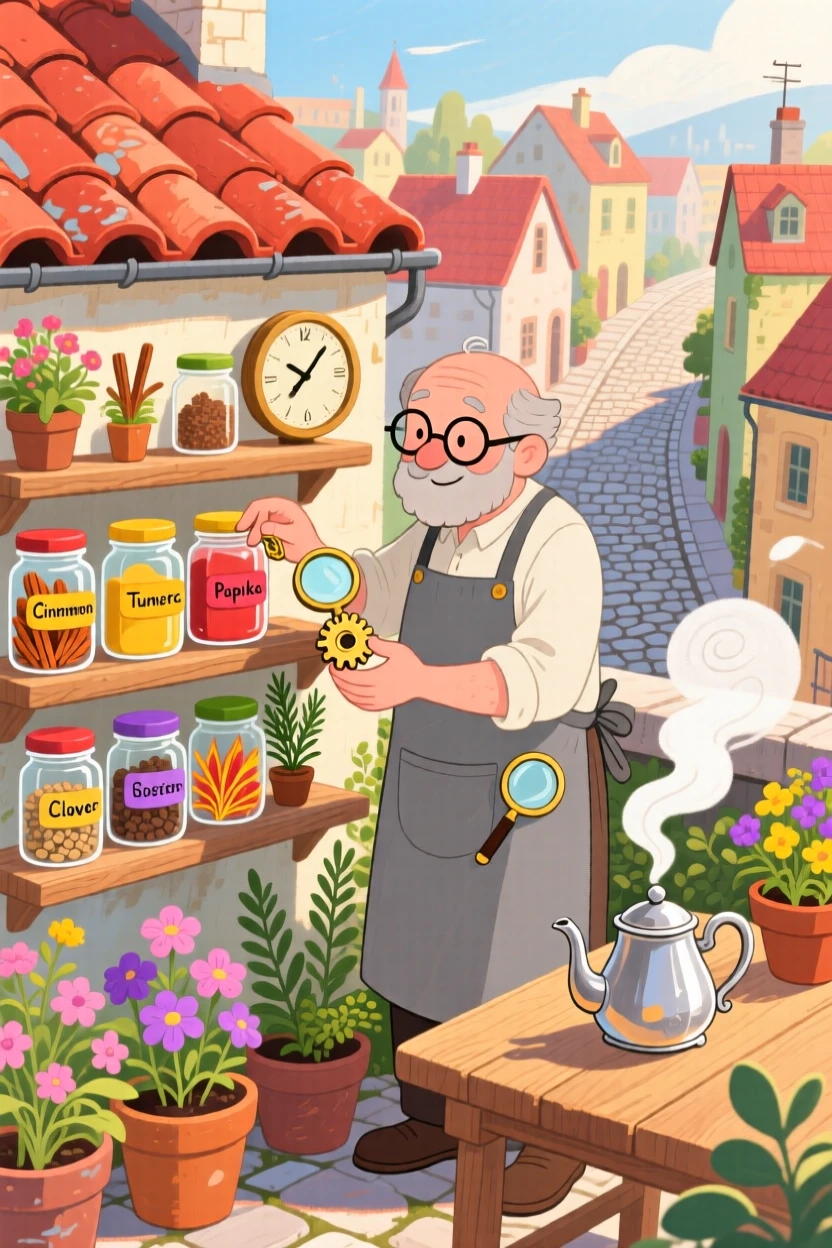 A clockmaker fixing a tiny gear pauses while organizing a shelf of colorful spice jars in a rooftop garden overlooking the town, as steam curls gently from a nearby teapot.