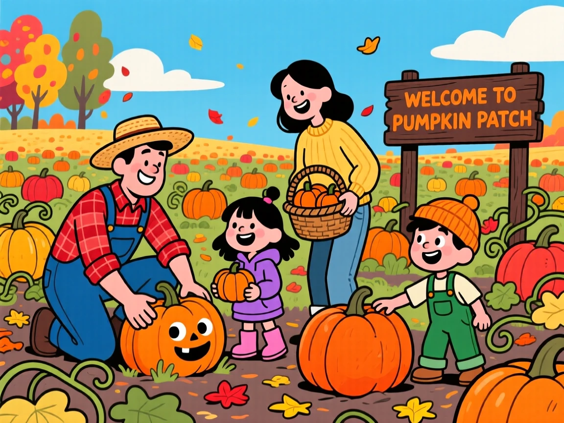 A family harvesting pumpkins from a sprawling autumn patch.