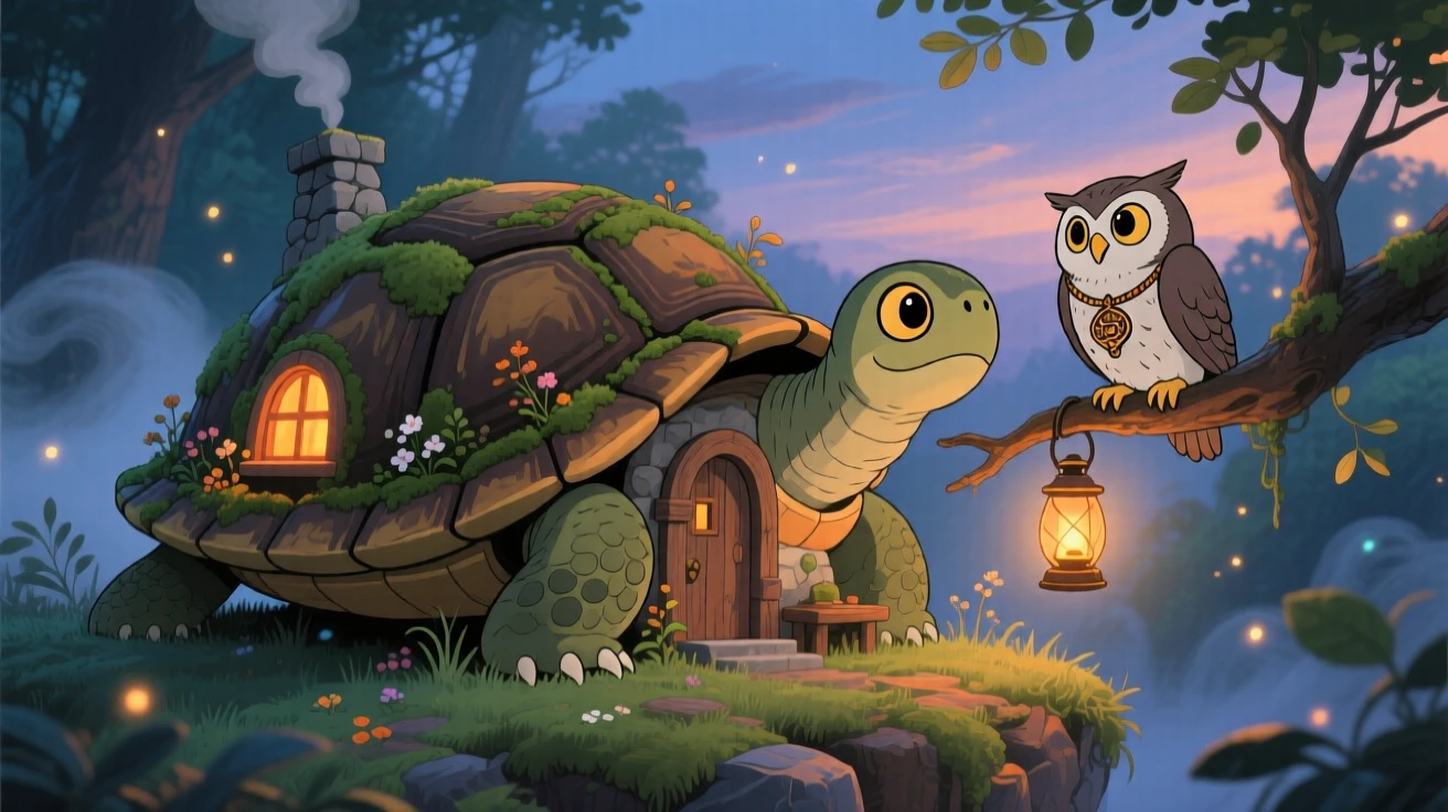 A cottage perched on the back of a giant turtle, where an owl wearing a tiny lantern around its neck can be seen nearby, the atmosphere mysteriously beautiful.
