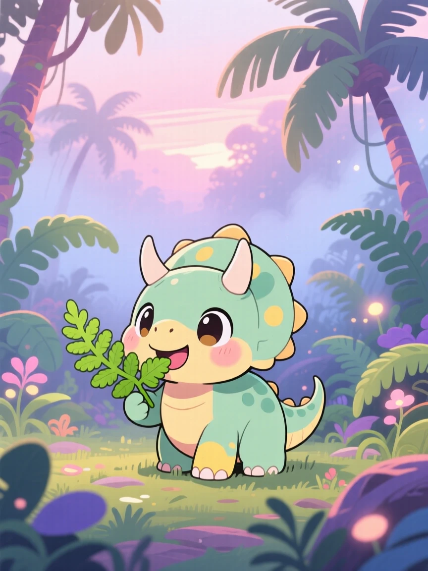 Wide establishing shot of a baby triceratops, munching on a fern leaf happily, in a lush prehistoric jungle, on a misty foggy morning, illuminated by soft pastel light of dawn, radiating peaceful calm.