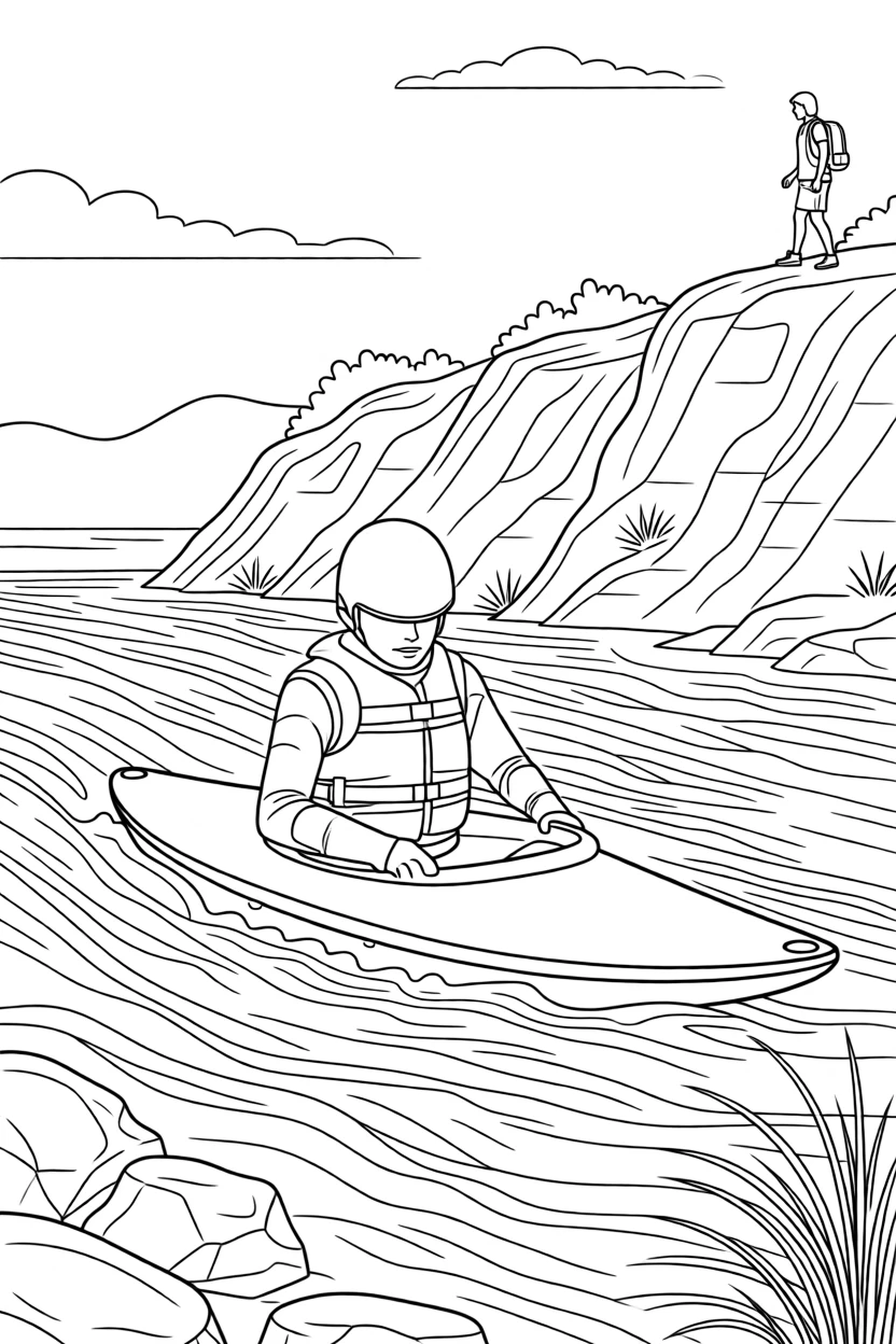 A whitewater kayaker paddling through churning rapids, with a distant figure hiking along a ridge.