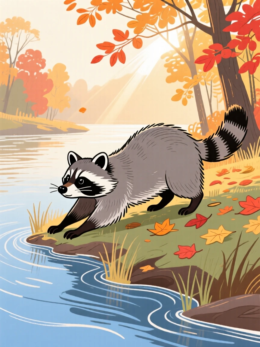 A curious raccoon stretching in the morning light along a quiet riverbank on a crisp autumn day.