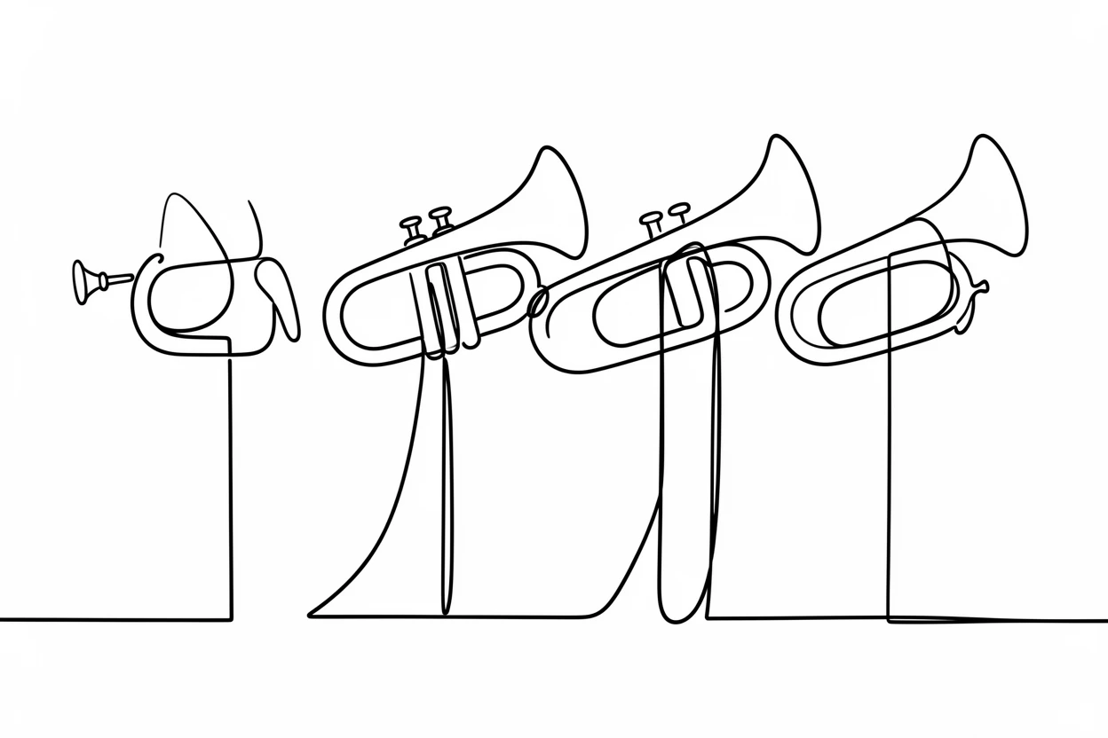 A row of brass trumpets resting on stands before a performance
