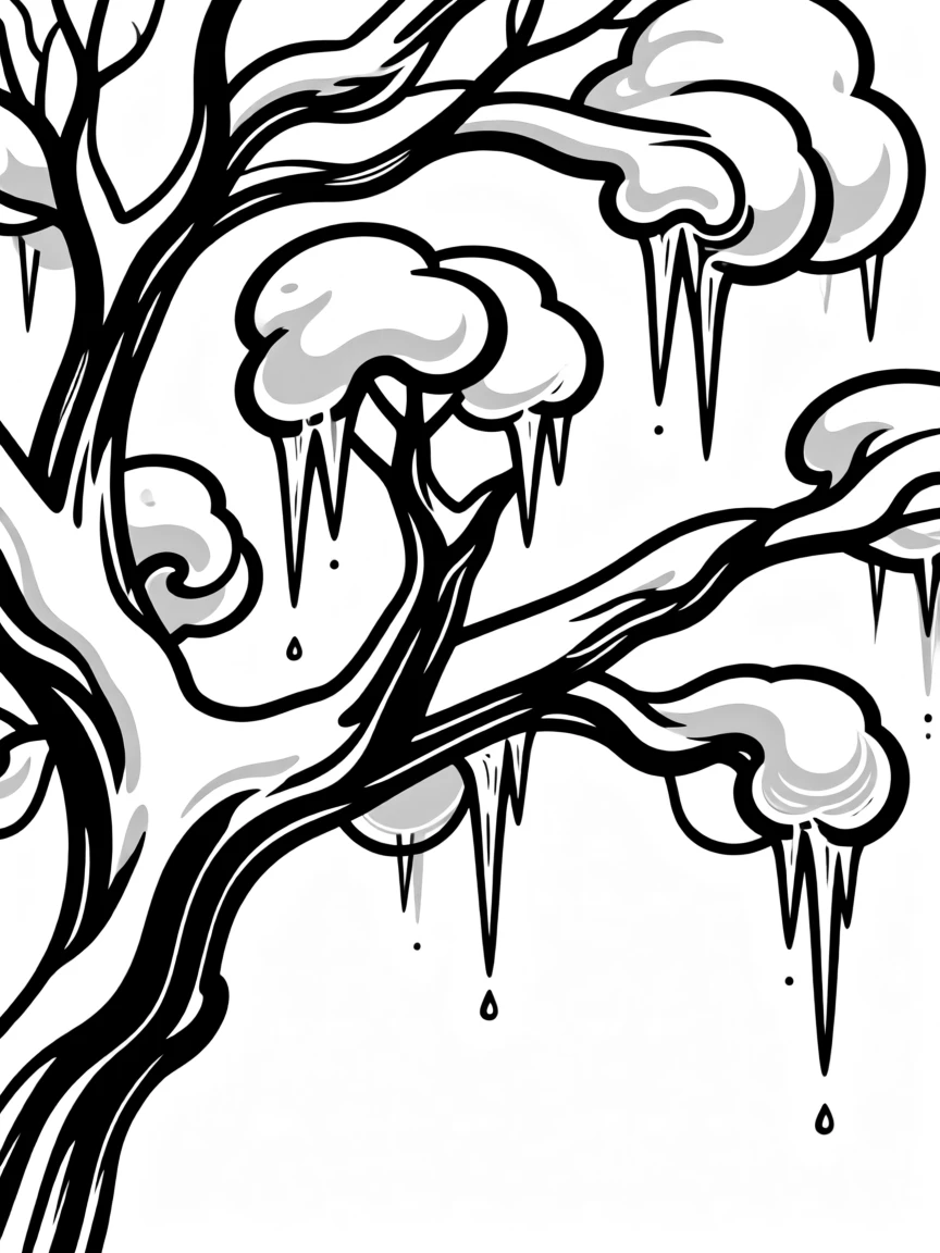 A winter wonderland scene with icicles hanging from snow-laden branches.