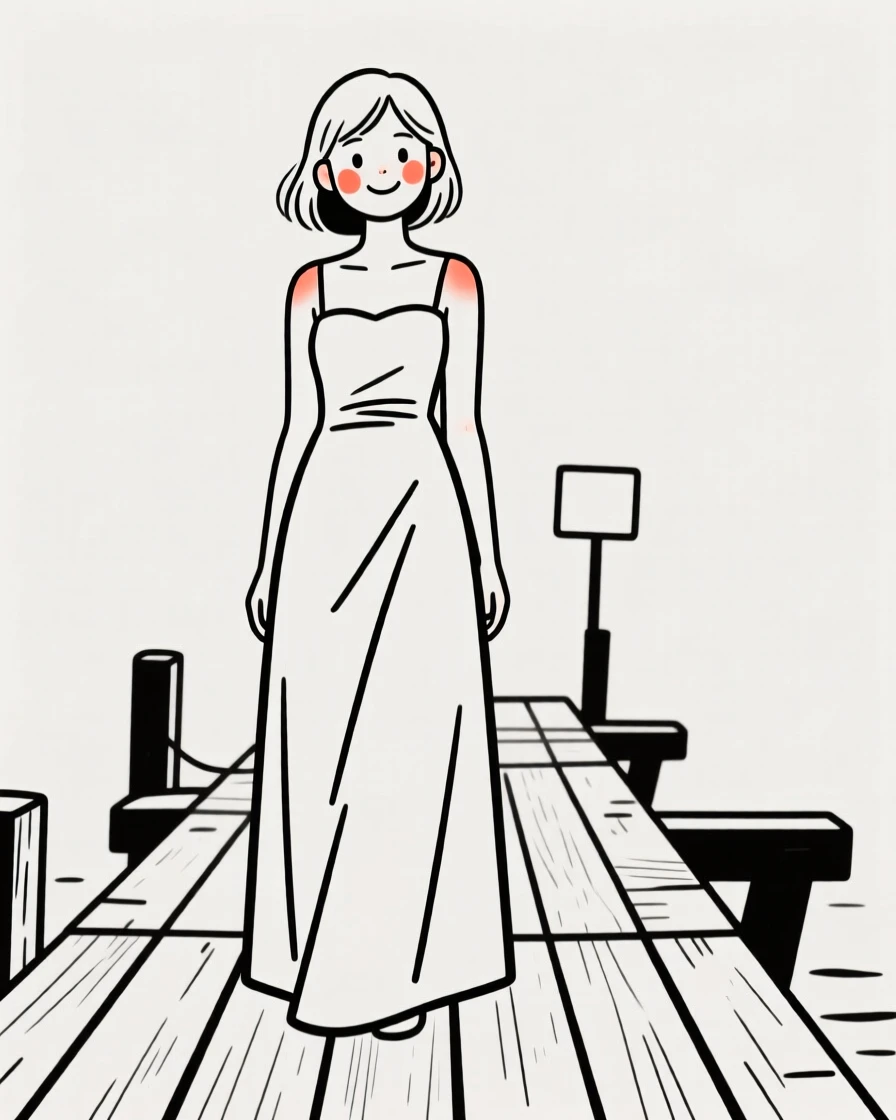 A confident teenager of Russian heritage in an elegant evening gown, smiling warmly, on a wooden fishing pier.