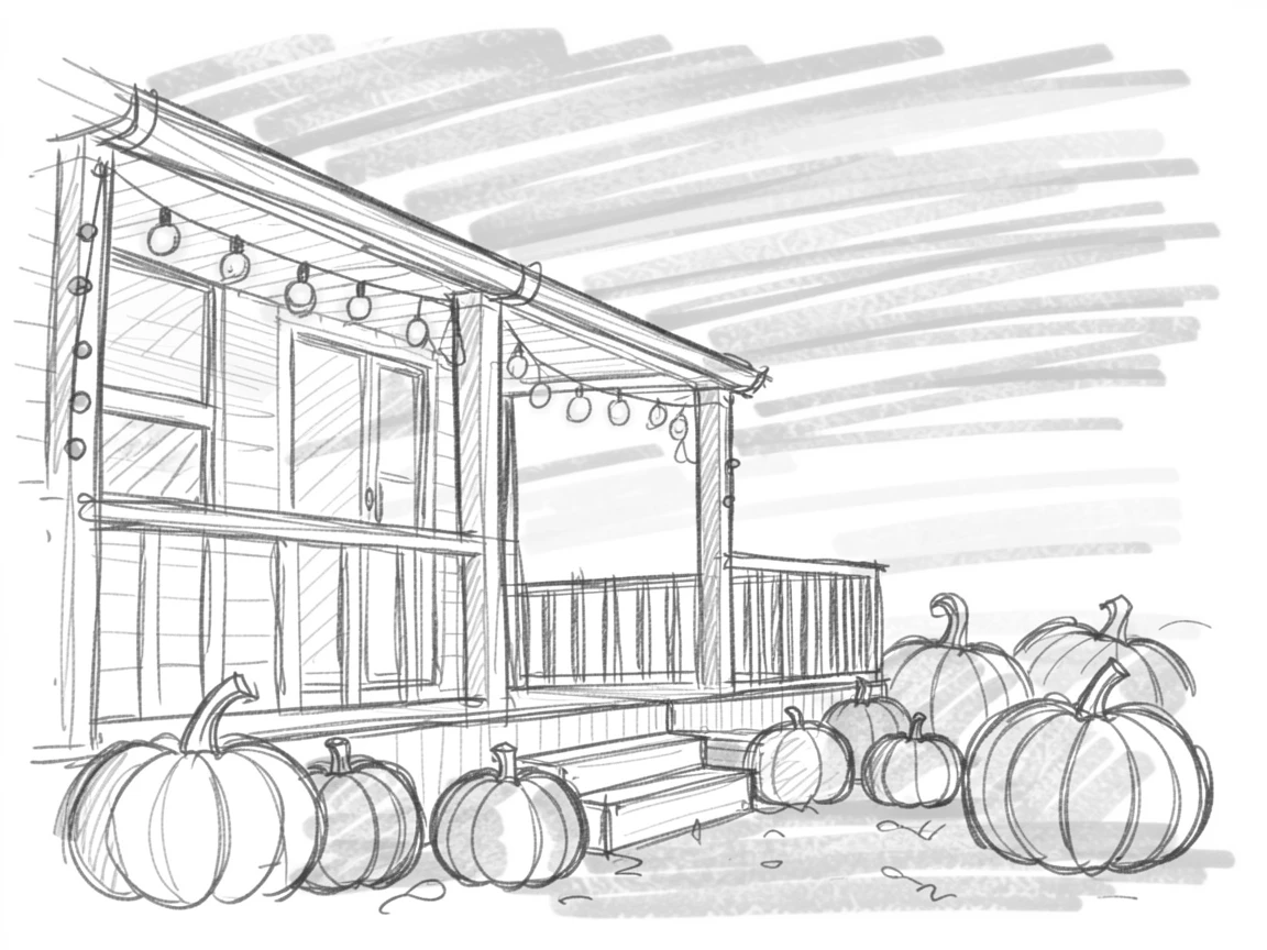 A pumpkin patch under a golden autumn sky, on a decorated porch, with twinkling lights glowing warmly.