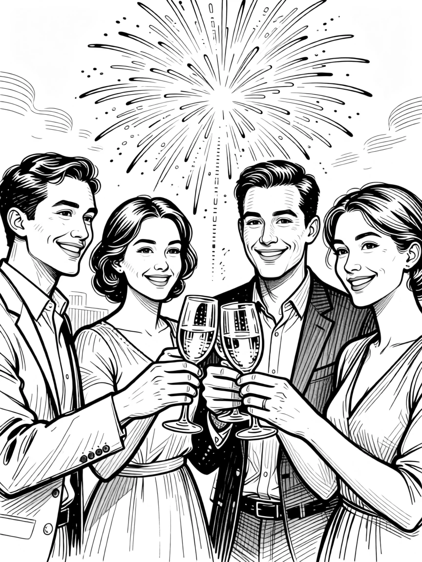 A festive New Year's toast with sparkling glasses raised beneath fireworks.