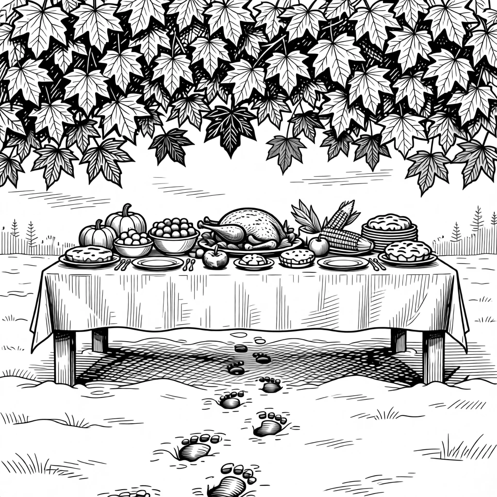 A thanksgiving table laden with a harvest feast under a canopy of autumn leaves in every shade of gold, with footprints trailing through fresh snow, capturing a warmly festive seasonal moment.