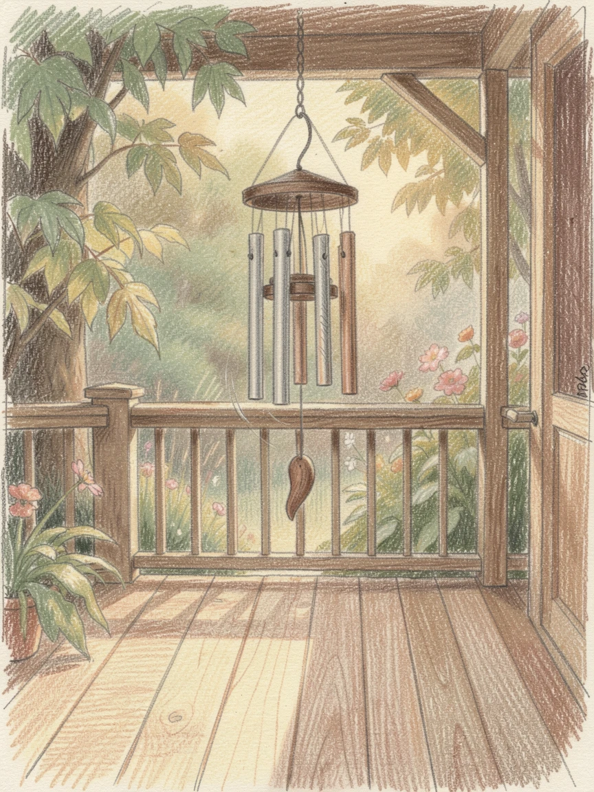 A gentle wind chime swaying on a quiet garden porch, set against a softly lit, atmospheric backdrop, celebrating a moment people would love to revisit.