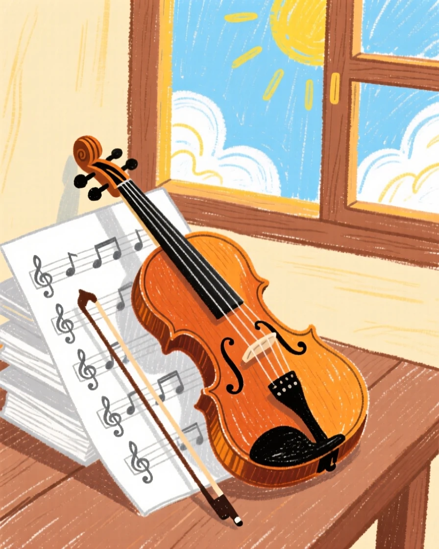 A violin resting on sheet music beside an open window.